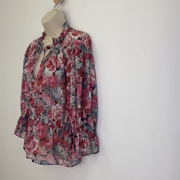 Zara - Red & Pink Floral See Thur Tie at Neck Blouse Size Small - Picture 5 of 9
